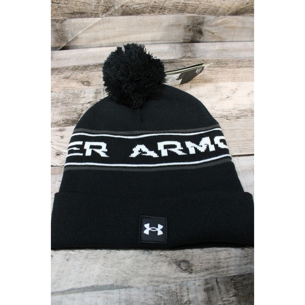 NWT UNDER ARMOUR Mens "HalfTime Pom"‎ Knit Beanie Hat-OSFM BLACK/WHITE